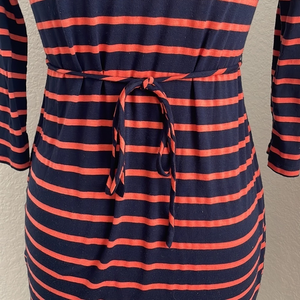 MOTHERHOOD maternity orange and navy blue midi dress with ties in size small - Picture 9 of 11